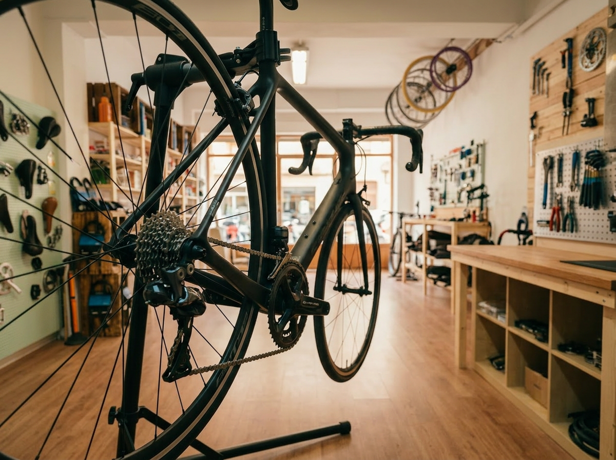 Bici de carretera apoyada en el mostrador del taller Movent Bicis en Barcelona